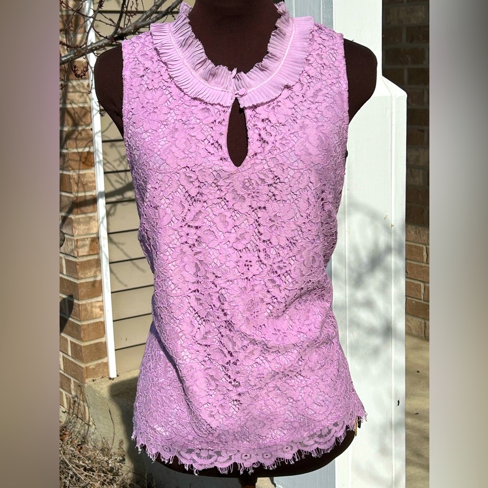 J CREW sS lilac lace overlay top-mini ruffled keyhole neckline-beautiful!